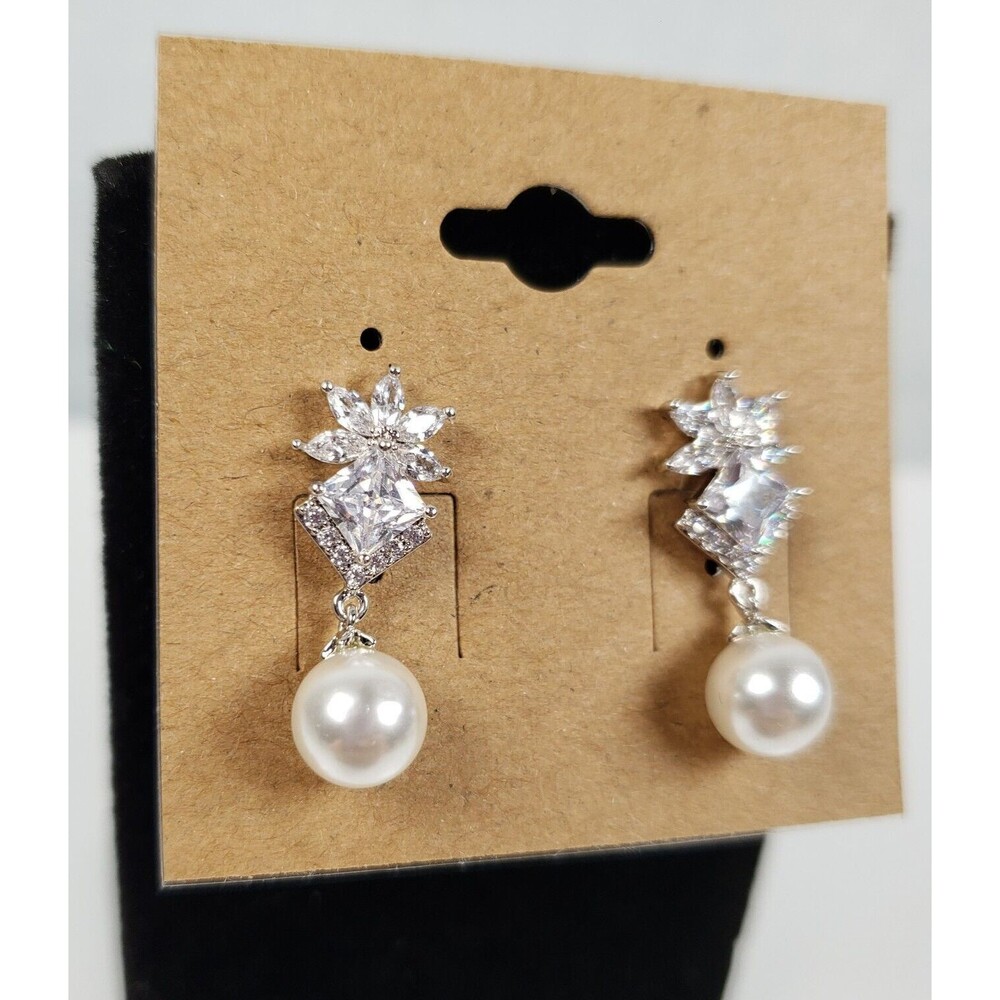 Eliza & Jane 925 Sterling Silver Cubic Zirconia Spinel Dangle Pearl  Earrings - Picture 5 of 9